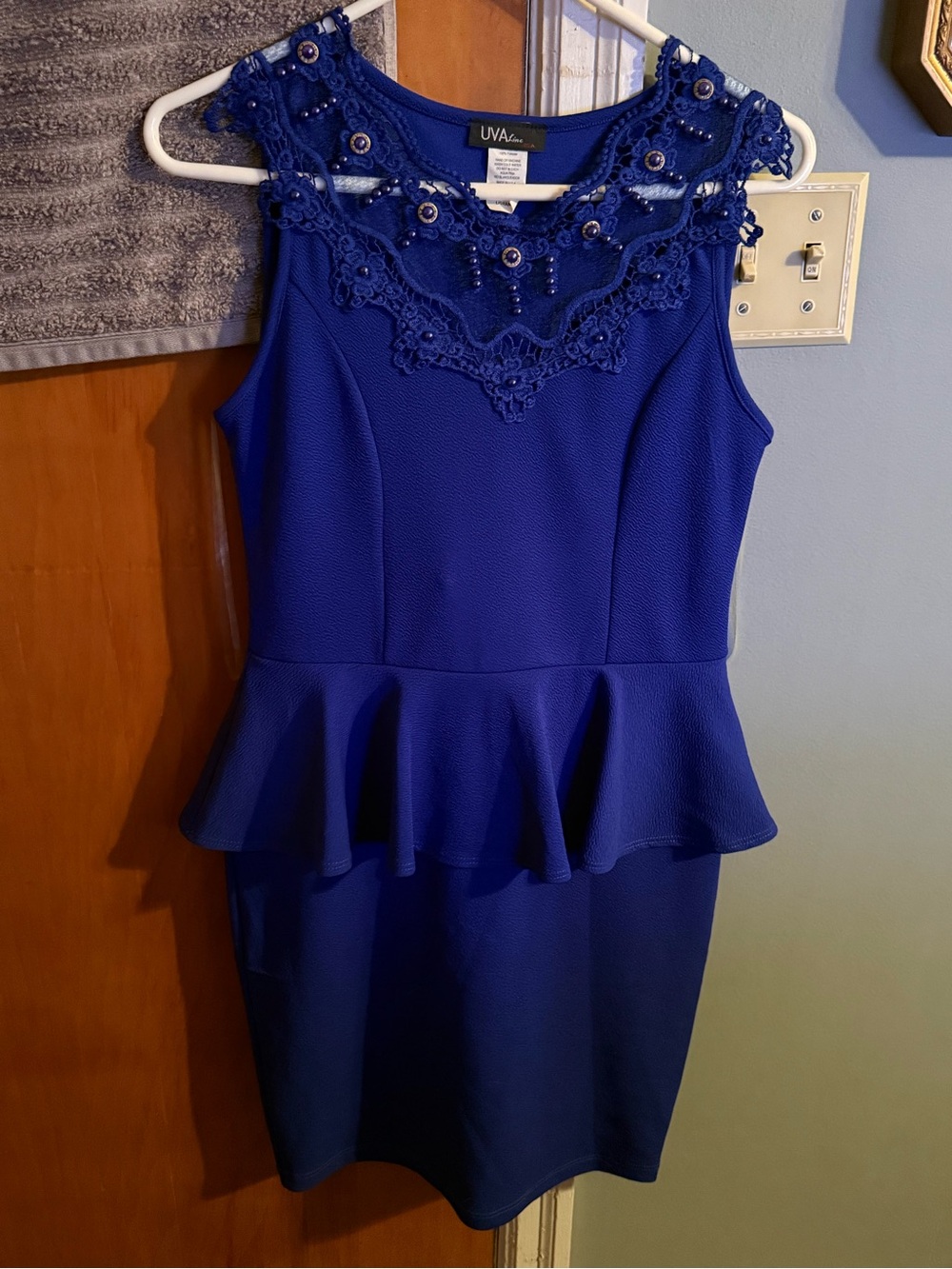 Blue Crochet Yoke Peplum Midi Dress